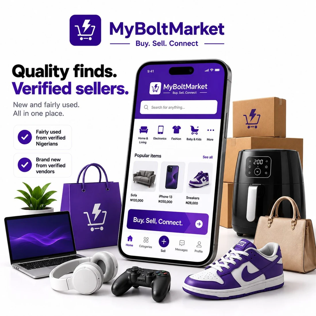 The MyBoltMarket app surrounded by things people buy and sell on it — a laptop, headphones, a games controller, sneakers, a handbag, an air fryer and parcels ready to ship.