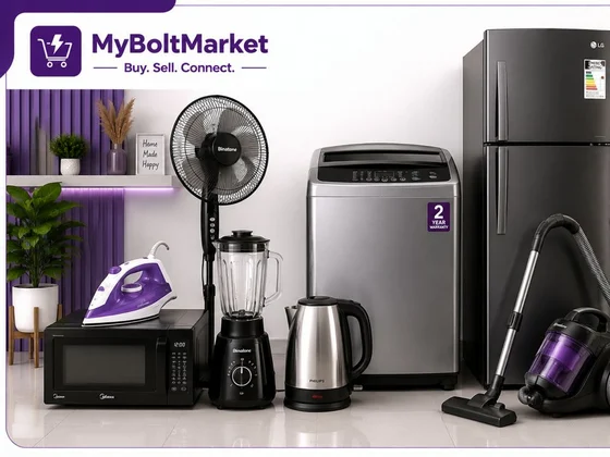 A fridge, cooker, washing machine, microwave, fan and vacuum cleaner