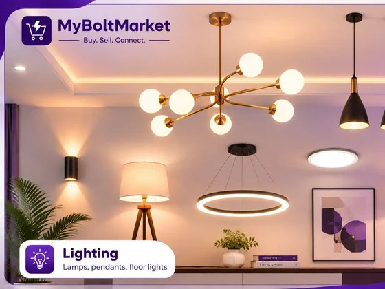A room lit by a brass chandelier, pendant lamps and a tripod floor lamp