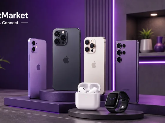 Four smartphones on display plinths, with wireless earbuds and a smartwatch