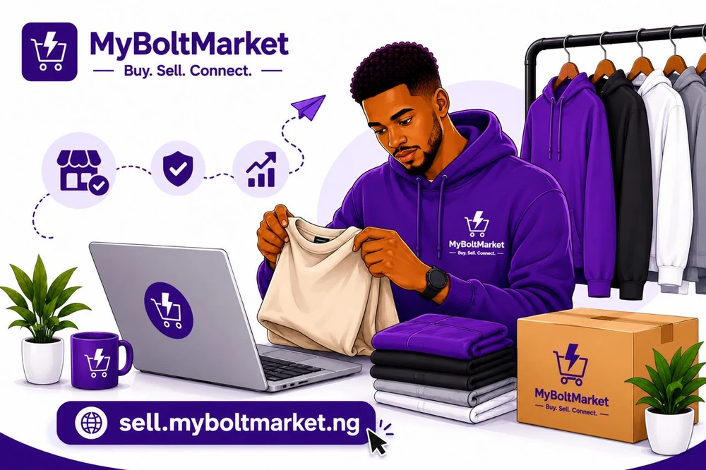 A seller photographing and listing clothes on a laptop, with a rail of hoodies behind and a parcel ready to ship.